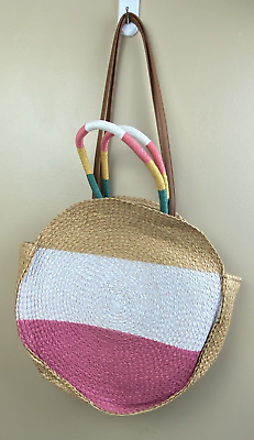 #ad Round Straw Summer Handbag Tote with Shoulder Strap Coral Multicolor Cute G5 $11.01
