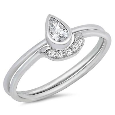 #ad Solitaire Teardrop White CZ Cute Ring Set .925 Sterling Silver Band Sizes 4 10 $15.49