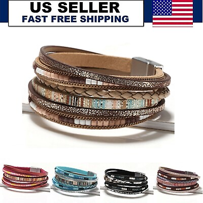 #ad Multilayer Leather Wrap Bracelet Wristbands Boho Braided Bracelet Jewelry USA $8.35