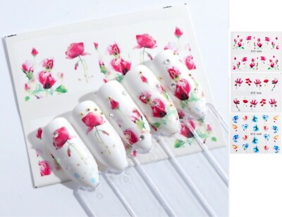 #ad Water Nail Art Stickers Decal Red Blue Flowers Leaf Transfer Decorations NS26 $1.95
