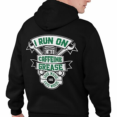 #ad I RUN ON CAFFEINE GREASE LOUD MUSIC HOODIE Mechanic Funny Car Shirt Snap On JDM $38.95