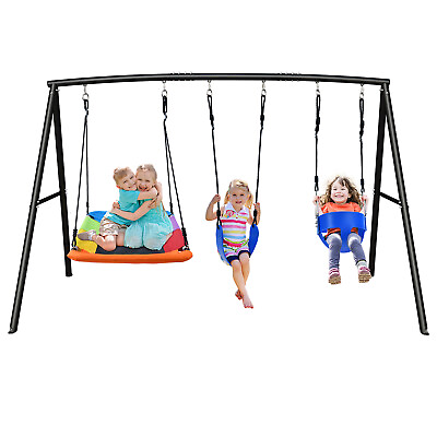 #ad 440lb Outdoor Metal Swing Set Heavy Duty Frame Backyard Kids Playset w 3 Swings $197.36