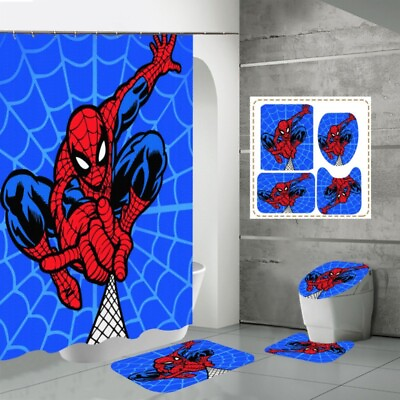 #ad Cartoon Spider Man Bathroom Shower Curtain Toilet Lid Rug Foot Mat Non Slip Gift $37.44