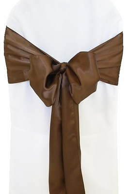 #ad 150 Chocolate Brown Satin Chair Cover Sash Bows 6quot; x 108quot; Banquet Made in USA $148.75