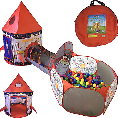 #ad Playz 3pc Rocket Ship Astronaut Kids Play Tent Tunnel amp; Ball Pit with Hoop for $51.55