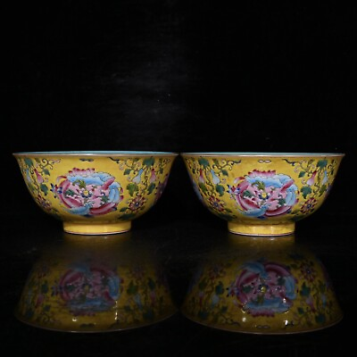 #ad Chinese Antique Vintage Colour Enamel Porcelain Flowers Plants Bowls A Pair $389.99