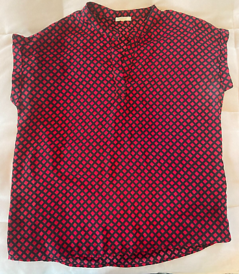 #ad Pleione Women#x27;s Red Black Patterned Short Sleeve V Neck Polyester Blouse Size M $12.99