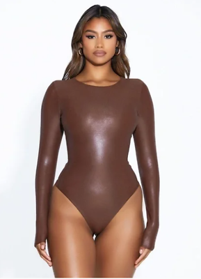 #ad Naked Wardrobe Faux Liquid Leather In A Drip Bodysuit Long Sleeve Women Size M $48.00
