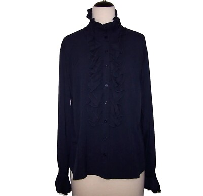#ad Kate Kasin Shirt Blouse XXL Ruffled Button Up Long Sleeves Stretch Navy Blue NEW $19.34