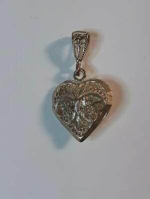 #ad DIAMOND CUT STERLING SILVER PUFF HEART PENDANT Used Hand Made 925 Engraved 1quot; $33.66