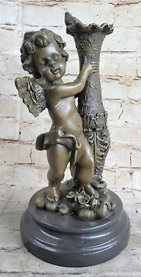 #ad Real Bronze Metal And Marble Ornate Candle Stick Holder Child Angel Cherub Gift $249.00