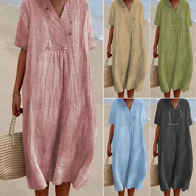 #ad Ladies Cotton Linen V Neck Midi Dress Women Short Sleeve Loose Long Dress Solid* $17.83