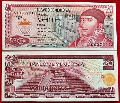 #ad 1972 Mexico Banknote 20 Pesos UNC Paper Money J. Morelos SERIE S Prefix S SCARCE $4.78