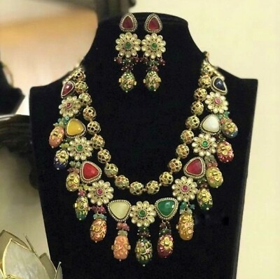 #ad Bollywood Ethnic Gold Plated Kundan Polki Necklace Earring Bridal Indian Jewelry $93.59