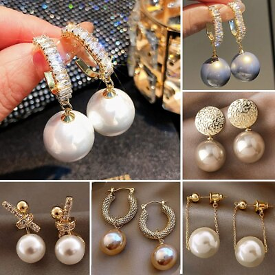 #ad Gorgeous Pearl Cubic Zirconia Earrings Stud Crystal Women Wedding Party New $1.16