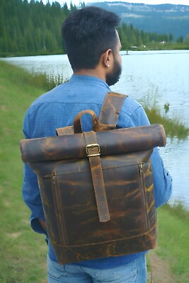 #ad New Backpack Rucksack Messenger Bag Men#x27;s Genuine Leather Vintage Satchel Laptop $81.00