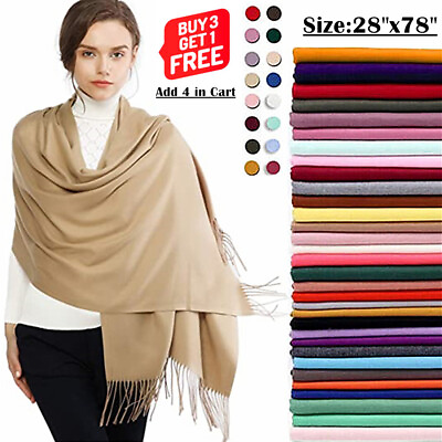 #ad Women 2Ply 78X28 Solid Silky Pashmina Shawl Wrap Stole Wool Feel Blend Scarf $8.99