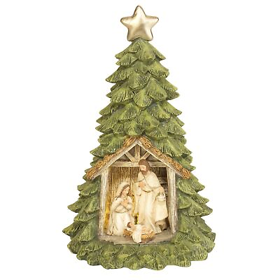 #ad Holy Family in Mossy Green Tree Gold Star LED 10 inch Resin Table Top Figurine $45.95