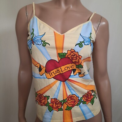 #ad Y2K Tank Top Heart Rose Print Womens L Yellow Fitted Stretch Spaghetti Strap C $19.55