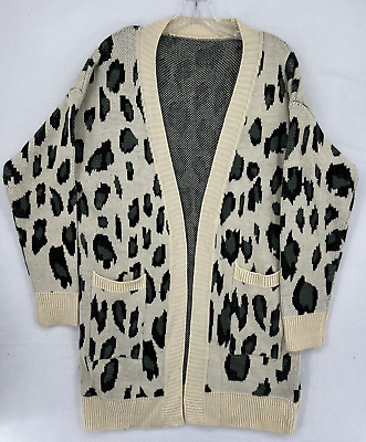 #ad Leopard Print Women#x27;s Knit Long Shall Sweater Size M Tan $13.76