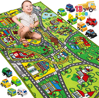#ad Carpet Playmat W 12 Cars Pull Back Vehicle Set for Kids Age 3 Jumbo Play Room $33.88