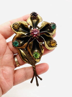 #ad Large 3 Dimensional Gilt Brass Rhinestone Flower Brooch 4 Inches Vintage Jewelry $79.99
