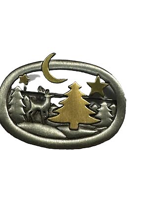 #ad Oval Brooch by Jonette JJ Pewter Woods Winter Scene Christmas Tree Silver amp; Gold $23.99