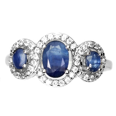 #ad Heated Oval Blue Sapphire Kanchanaburi 7x5mm White Topaz 925 Silver Ring $59.50