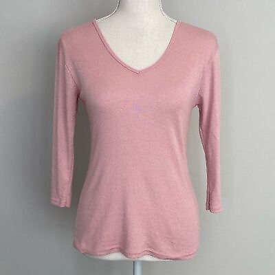 #ad Michael Stars Pink Shimmer Stretch Top 3 4 Sleeve V Neck Small Pastel Spring $13.99