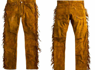 #ad Mens New Brown Buckskin Suede leather Western Hippy Fringes Pants N8 $73.31