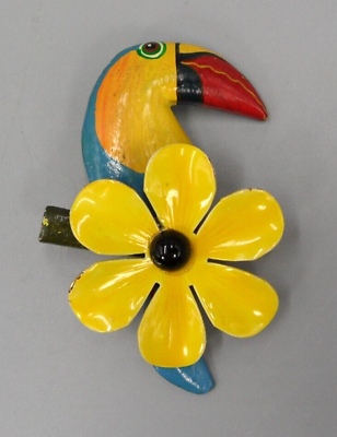 #ad Vintage Bird amp; Flower Brooch Colorful Hand Painted Toucan Enamel Daisy 3.25quot; $12.00