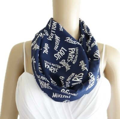 #ad Words Print Circle Scarf. Navy Blue Printed Infinity Scarf. Soft Pattern Scarf. $8.09