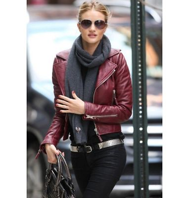 #ad Ladies Women Brando Burgandy Leather Motorcycle Slim Fit Short Body Jacket GBP 79.99