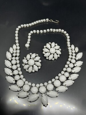 #ad VTG SIGNED WEISS MILK GLASS SILVER TONE NECKLACE 15” CLIP ON EARRINGS SET AS IS $99.00
