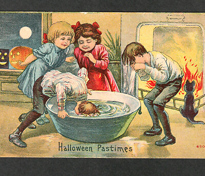 #ad Halloween Pastimes 6506 Apple Bobbing Kids Black Cat JOL SCARCE Antique PostCard $65.00