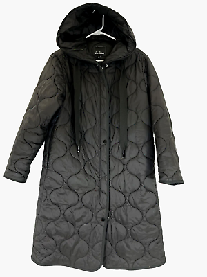 #ad Sam Edelman Puffer Coat Long Size Medium Black Hooded Zip Snap Nylon $55.00