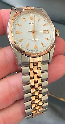 #ad ROLEX STAINLESS STEEL ROSE GOLD VINTAGE 1953 DATEJUST 6305 Bubbleback $5999.00