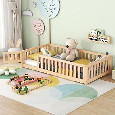 #ad Twin Size Bed Floor Bed with Safety Guardrails and Door for Kids Natural $253.09