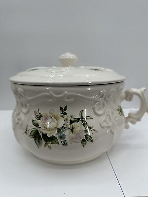 #ad CPC Stamped Chamber Pot With Lid Farmhouse Country Unique Roses $32.50