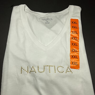 #ad Nautica Ladies#x27; White Short Sleeve Gold Studded V Neck T Shirt XXLarge NWT $12.36