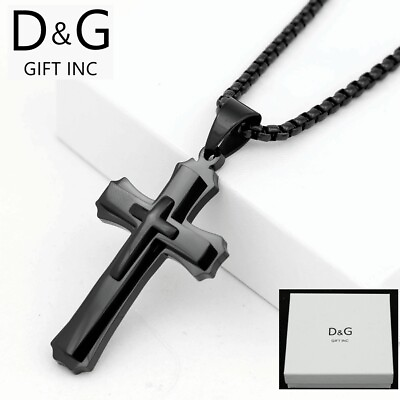 #ad DG Men#x27;s Stainless Steel Black.CROSS Pendant 24quot; Round box ChainIon Plated Box $23.99