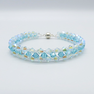 #ad Blue Crystal Bicone Bead Bracelet 7.25quot; Silver Tone Boho Bracelet $8.99
