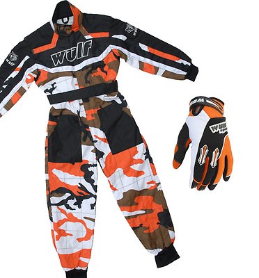 #ad Kids Wulfsport Wulf MX Quad Motocross Overall And Gloves Orange Camo Set #O1 GBP 49.99