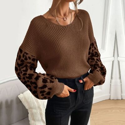 #ad Womens V Neck Sweater With Leopard Print Sleeves $49.99