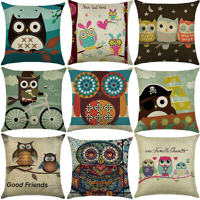 #ad 18quot; Owl Print Cotton Linen Pillow Case Cushion Cover Sofa Home Decor $3.87