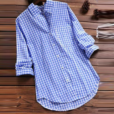 #ad Womens Ladies Plus Size Long Sleeve Check Plaid Loose Casual Shirt Tops Blouse $19.99