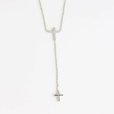 #ad Two Cross with CZ Stones Drop Necklace White Gold $14.94