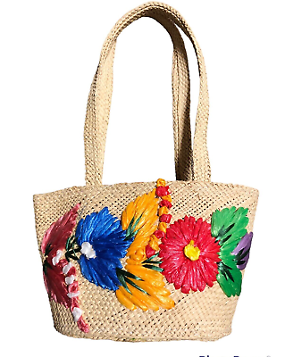#ad Vibrant Spring Summer Jute Straw Embroidered Flowers Tote Bag Purse 10quot; by 5.25quot; $15.95