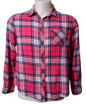 #ad Old Mill Shirt Women#x27;s Size XL Flannel Button Up Pink Plaid Long Roll Up Sleeves $14.81