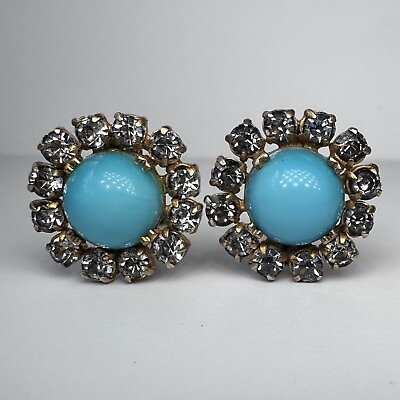 #ad Vintage Roger Jean Pierre Turquoise Cabochon Rhinestone Halo Clip Earrings $525.00